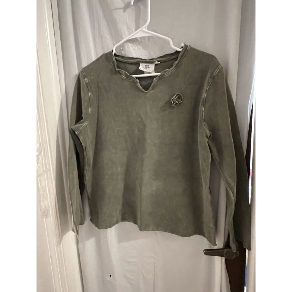 Hot Cotton By Marc Ware Green Waffle Knit Long Sleeve Top Flower Accent Sz M